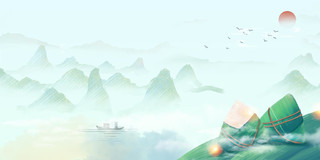 绿色手绘山水粽子粽子叶太阳飞鸟端午节展板背景端午节背景